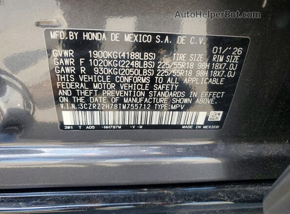 3CZRZ2H78TM755712 2026 HONDA HR-V Charcoal 360 interior view