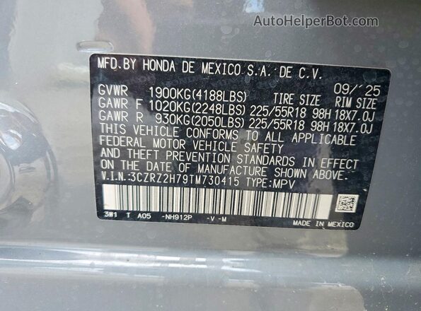 3CZRZ2H79TM730415 2026 HONDA HR-V Gray Панорамний вид салону 360°