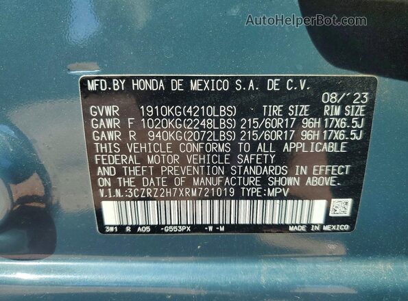 3CZRZ2H7XRM721019 2024 HONDA HR-V Teal VIN կոդի պիտակի տեսք