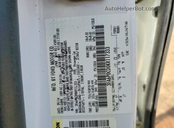 3FA6P0CD0KR117333 2019 FORD FUSION White Вид підкапотного простору