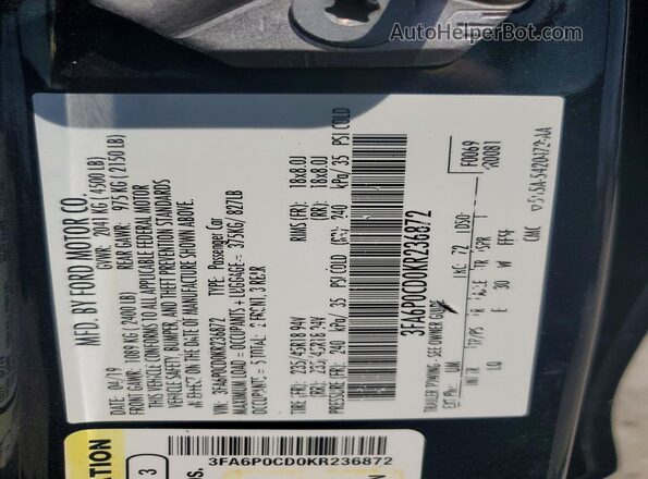 3FA6P0CD0KR236872 2019 FORD FUSION Black Engine compartment view
