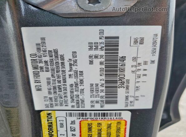 3FA6P0CD1KR161406 2019 FORD FUSION Gray Widok naklejki z numerem VIN