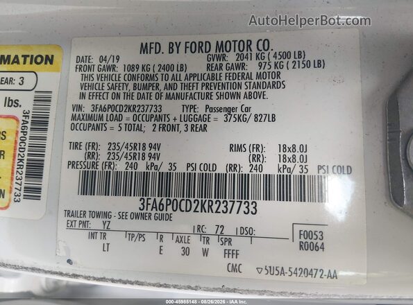 3FA6P0CD2KR237733 2019 FORD FUSION Белый Вид подкапотного пространства