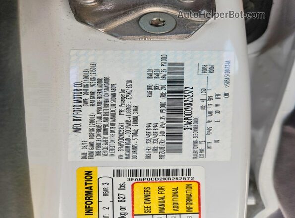 3FA6P0CD2KR252572 2019 FORD FUSION White VIN sticker view