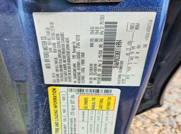 3FA6P0CD3KR116984 2019 FORD FUSION Blue Vista del compartimento del motor
