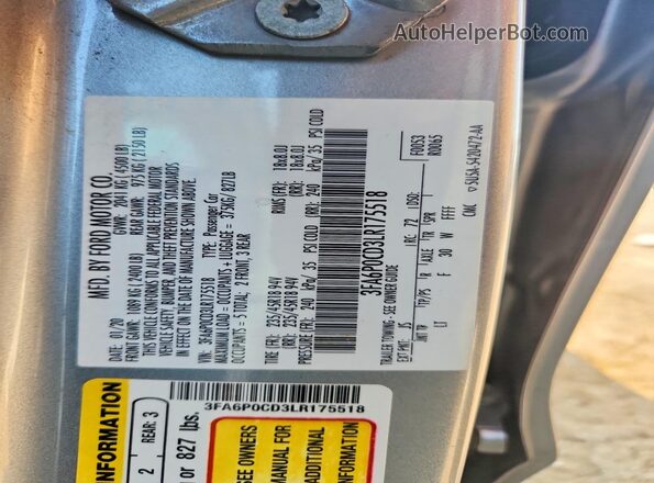 3FA6P0CD3LR175518 2020 FORD FUSION Silver Vista del compartimento del motor