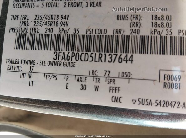 3FA6P0CD5LR137644 2020 FORD FUSION Gray ძრავის განყოფილების ხედი
