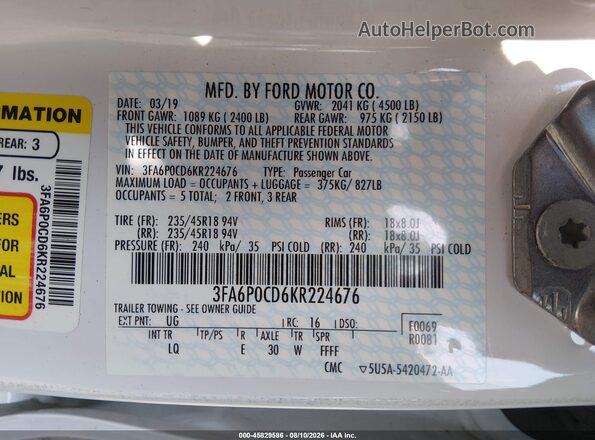 3FA6P0CD6KR224676 2019 FORD FUSION Белый Вид подкапотного пространства