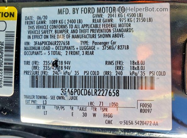 3FA6P0CD6LR227658 2020 FORD FUSION Blue VIN კოდის სტიკერის ხედი
