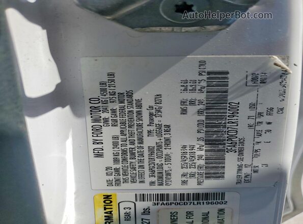 3FA6P0CD7LR196002 2020 FORD FUSION White Widok komory silnika