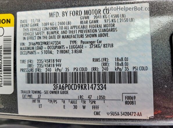 3FA6P0CD9KR147334 2019 FORD FUSION Charcoal Widok komory silnika