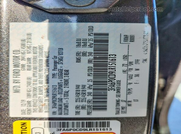 3FA6P0CD9LR151613 2020 FORD FUSION Gray Vista de la etiqueta del VIN