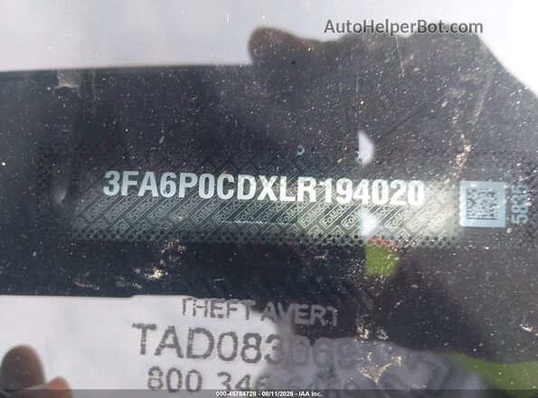 3FA6P0CDXLR194020 2020 FORD FUSION Gray Vista del compartimento del motor