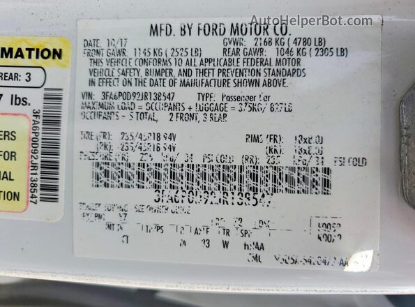 3FA6P0D92JR138547 2018 FORD FUSION White Вид підкапотного простору