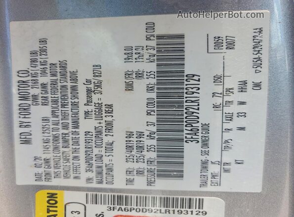 3FA6P0D92LR193129 2020 FORD FUSION Silver Շարժիչի բաժամունքի տեսք