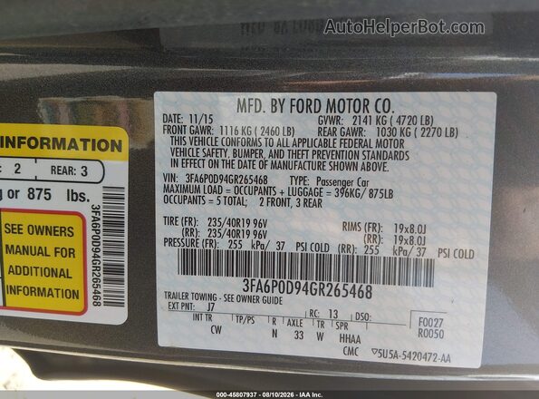 3FA6P0D94GR265468 2016 FORD FUSION Gray Շարժիչի բաժամունքի տեսք