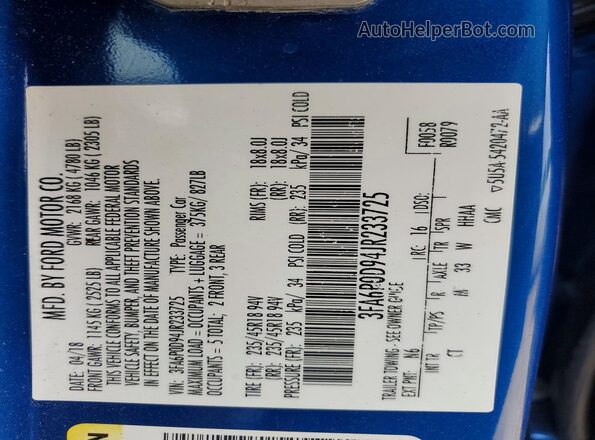 3FA6P0D94JR233725 2018 FORD FUSION Blue Вид підкапотного простору