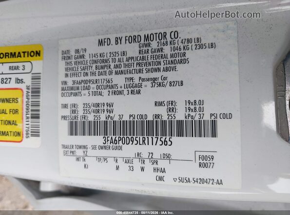 3FA6P0D95LR117565 2020 FORD FUSION White Vista del compartimento del motor