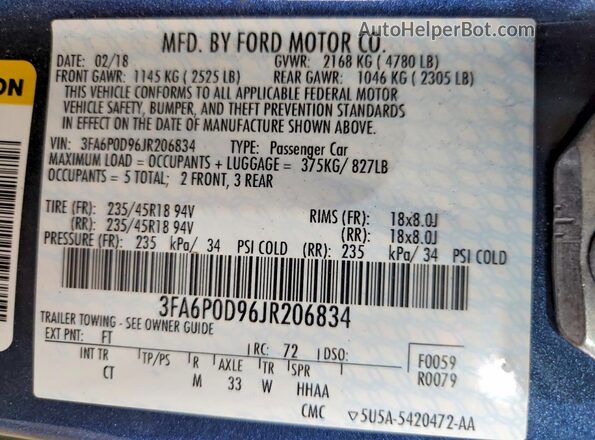 3FA6P0D96JR206834 2018 FORD FUSION Blue Widok komory silnika