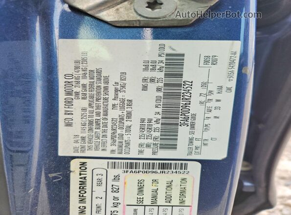 3FA6P0D96JR234522 2018 FORD FUSION Blue Вид підкапотного простору