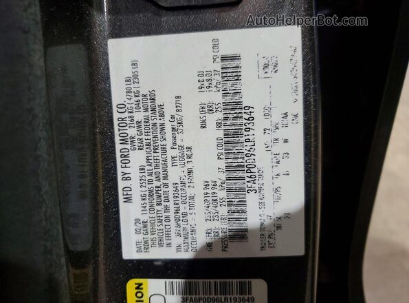 3FA6P0D96LR193649 2020 FORD FUSION Charcoal VIN sticker view