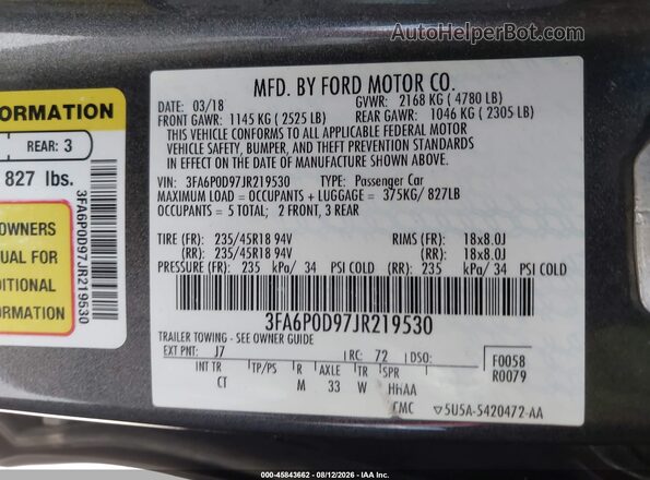 3FA6P0D97JR219530 2018 FORD FUSION Gray Вид підкапотного простору