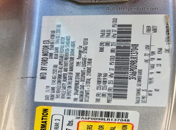 3FA6P0D98LR137048 2020 FORD FUSION Silver Engine compartment view