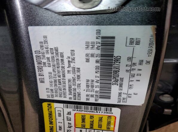 3FA6P0D98LR173905 2020 FORD FUSION Gray VIN კოდის სტიკერის ხედი