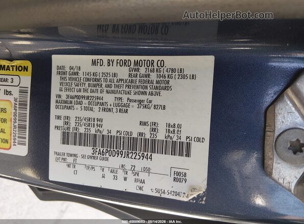 3FA6P0D99JR225944 2018 FORD FUSION Blue Widok komory silnika