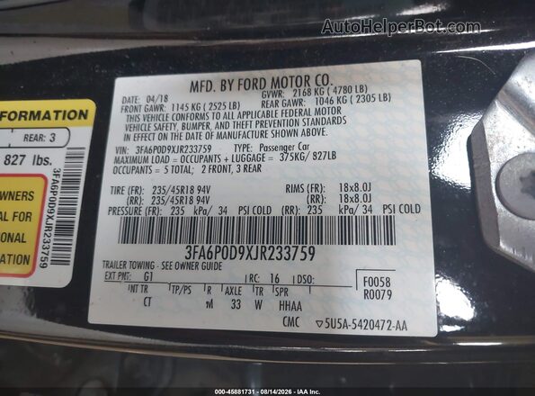3FA6P0D9XJR233759 2018 FORD FUSION Black Vista del compartimento del motor