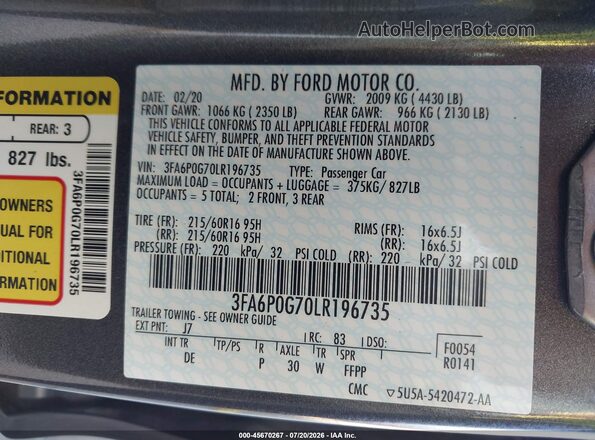3FA6P0G70LR196735 2020 FORD FUSION Серый Вид подкапотного пространства