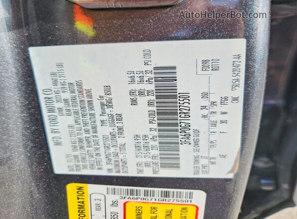 3FA6P0G71GR275501 2016 FORD FUSION Gray Widok naklejki z numerem VIN