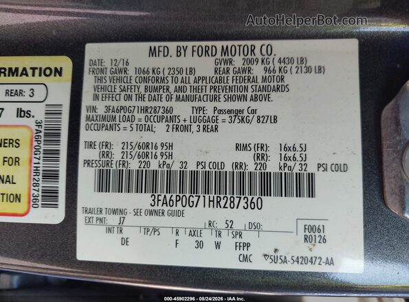 3FA6P0G71HR287360 2017 FORD FUSION Gray Widok komory silnika