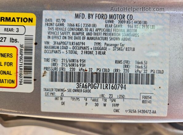 3FA6P0G71LR160794 2020 FORD FUSION Silver Widok komory silnika