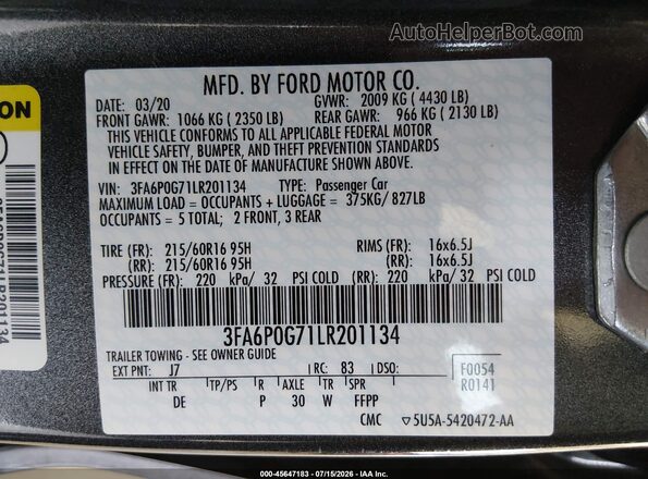3FA6P0G71LR201134 2020 FORD FUSION Black Вид підкапотного простору