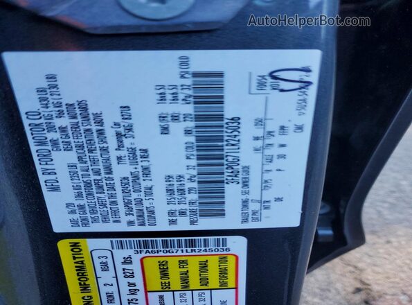 3FA6P0G71LR245036 2020 FORD FUSION Charcoal Vista del compartimento del motor