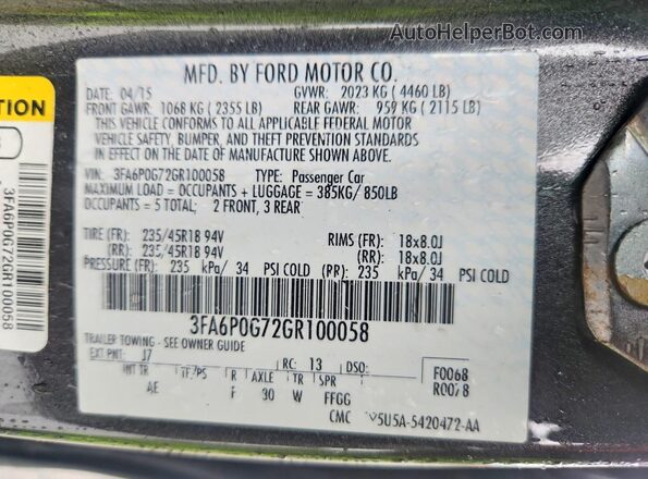 3FA6P0G72GR100058 2016 FORD FUSION Gray Widok komory silnika