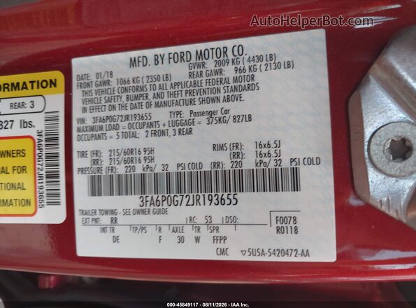 3FA6P0G72JR193655 2018 FORD FUSION Red Widok komory silnika