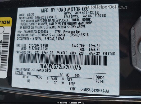 3FA6P0G72LR201076 2020 FORD FUSION Black Vista del compartimento del motor