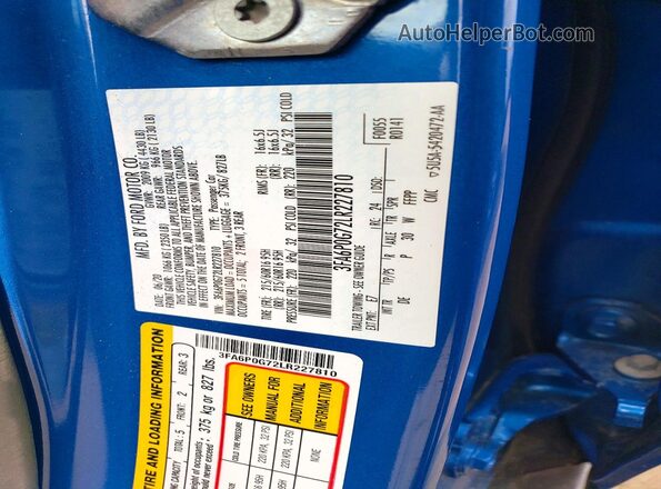 3FA6P0G72LR227810 2020 FORD FUSION Blue VIN sticker view