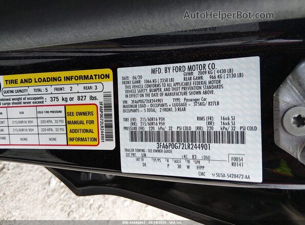 3FA6P0G72LR244901 2020 FORD FUSION Black Շարժիչի բաժամունքի տեսք