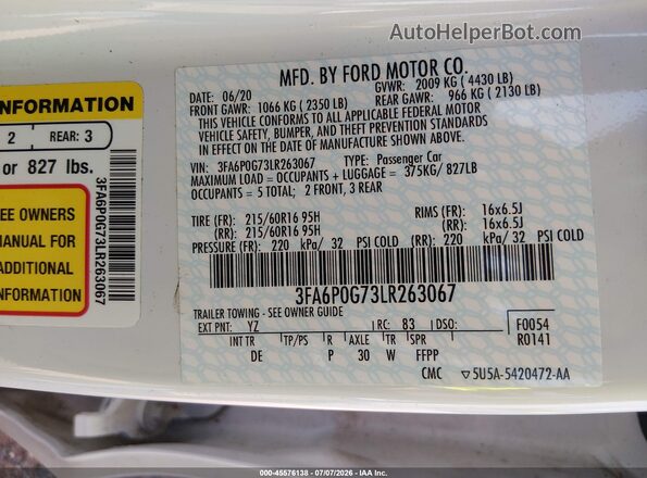 3FA6P0G73LR263067 2020 FORD FUSION White Widok komory silnika