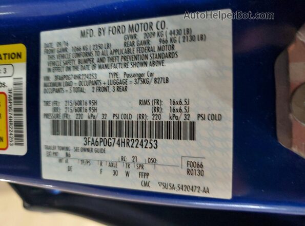 3FA6P0G74HR224253 2017 FORD FUSION Blue Engine compartment view