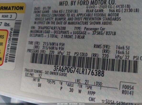 3FA6P0G74LR176388 2020 FORD FUSION White Engine compartment view