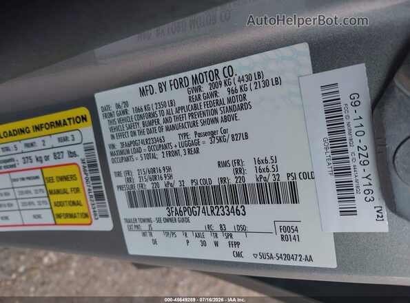 3FA6P0G74LR233463 2020 FORD FUSION Gray Вид підкапотного простору