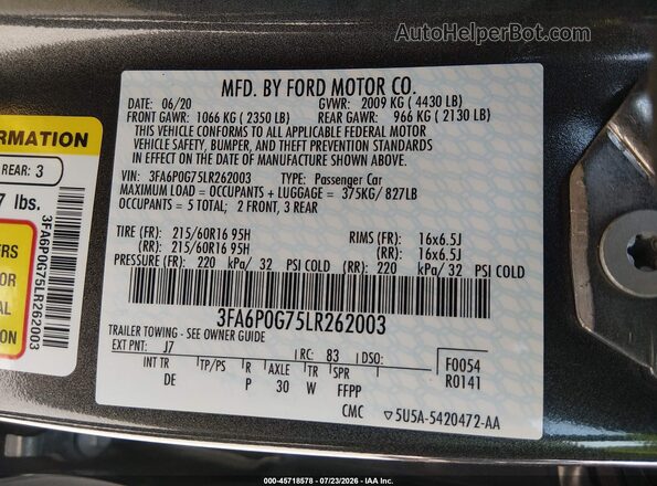 3FA6P0G75LR262003 2020 FORD FUSION Gray Engine compartment view