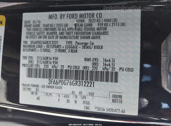 3FA6P0G76GR312221 2016 FORD FUSION Black Շարժիչի բաժամունքի տեսք