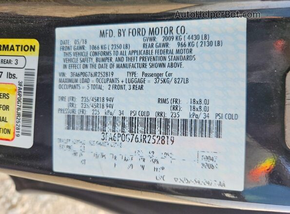 3FA6P0G76JR252819 2018 FORD FUSION Black VIN sticker view