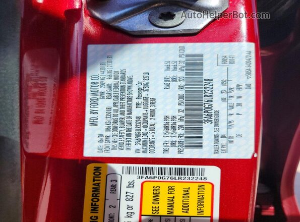 3FA6P0G76LR232248 2020 FORD FUSION Red Вид підкапотного простору