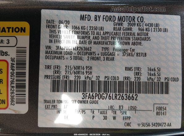 3FA6P0G76LR263662 2020 FORD FUSION Серый Вид подкапотного пространства
